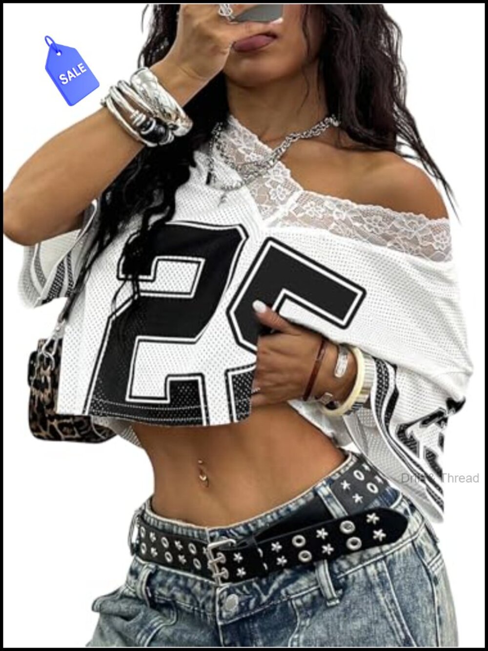 Womens Y2k Crop Top Lace Mesh Jersey Graphic Tee V Neck Oversized